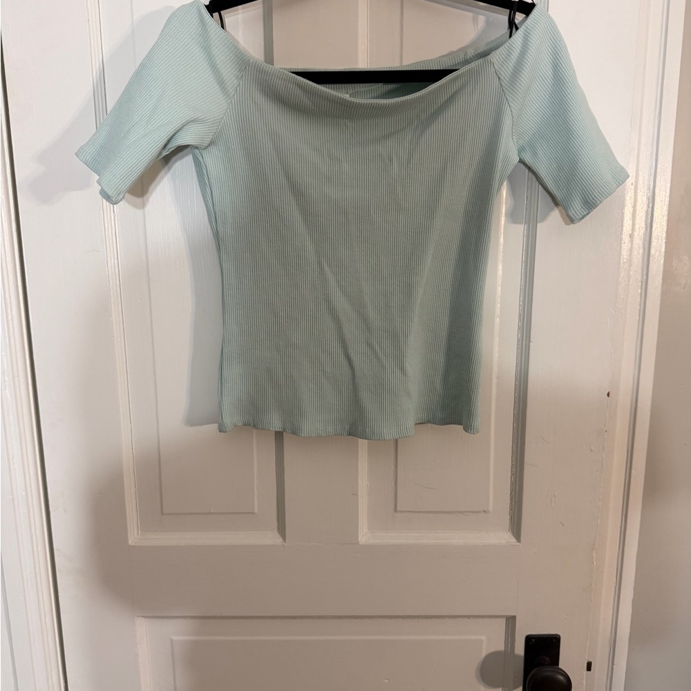 H&M Light Mint Ribbed Off-Shoulder Crop Top